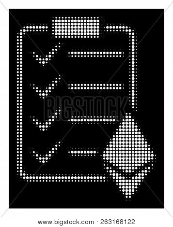 Halftone Dotted Ethereum Smart Contract Icon. White Pictogram With Dotted Geometric Structure On A B
