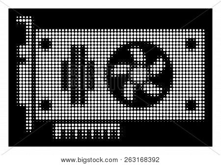 Halftone Pixel Videocard Icon. White Pictogram With Pixel Geometric Structure On A Black Background.