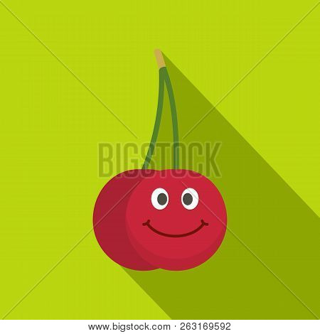 Ripe Smiling Cherry Icon. Flat Illustration Of Ripe Smiling Cherry Icon For Web On Lime Background