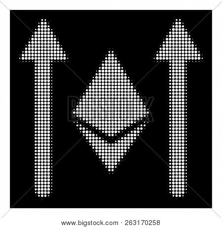 Halftone Pixel Ethereum Crystal Send Arrows Icon. White Pictogram With Pixel Geometric Pattern On A 