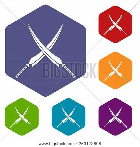 Samurai Swords Icons Set Hexagon Isolated Illustration