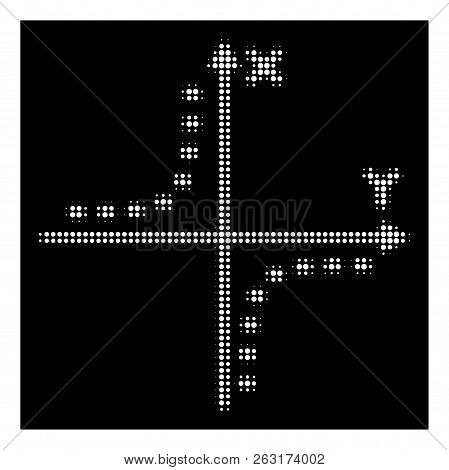Halftone Dotted Hyperbola Plot Icon. White Pictogram With Dotted Geometric Pattern On A Black Backgr
