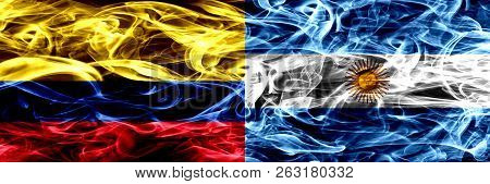 Colombia Vs Argentina, Argentinian Smoke Flags Placed Side By Side. Thick Colored Silky Smoke Flags 