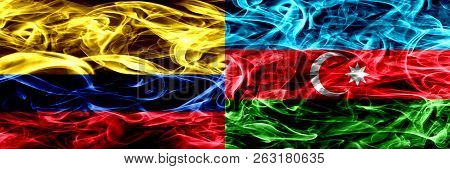 Colombia Vs Azerbaijan, Azerbaijani Smoke Flags Placed Side By Side. Thick Colored Silky Smoke Flags