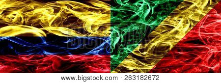 Colombia Vs Congo, Congolese Smoke Flags Placed Side By Side. Thick Colored Silky Smoke Flags Of Col