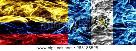 Colombia Vs Guatemala, Guatemalan Smoke Flags Placed Side By Side. Thick Colored Silky Smoke Flags O