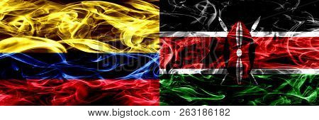 Colombia Vs Kenya, Kenyan Smoke Flags Placed Side By Side. Thick Colored Silky Smoke Flags Of Colomb