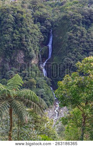 Waterfall On The Cascada Road In Banos, Ecuador
