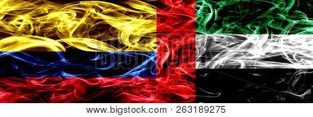 Colombia Vs United Arab Emirates, Emirati Smoke Flags Placed Side By Side. Thick Colored Silky Smoke