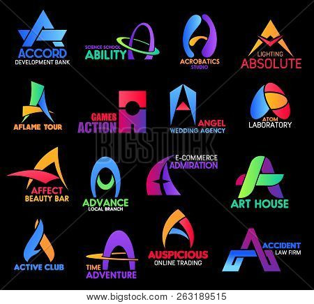 Letter A, Business Sand Corporate Identity Icons. Accord And Ability, Acrobatics, Aflame And Action,