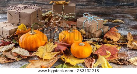 Pumpkin And Dry Leaves. Autumn Composition. Web Banner