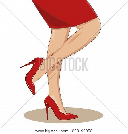 Slender Female Legs With Red Fashionable Shoes And Skirt On, Side View, Standing. High Spike Heels, 