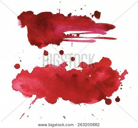 Blood Splatter Painted On White For Halloween Design. Red Dripping Blood Drop Watercolor
