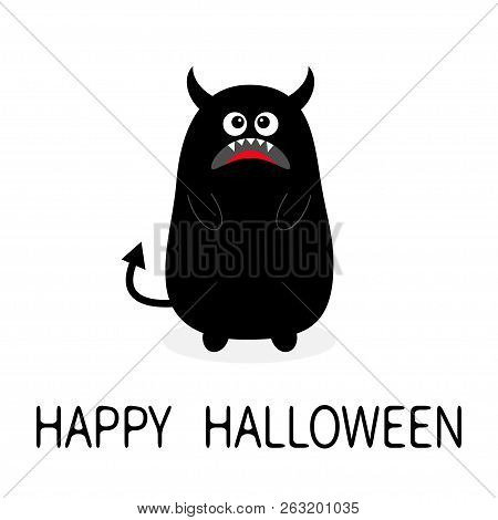 Happy Halloween. Monster Black Silhouette. Fang Tooth. Open Mouth. One Eye, Teeth, Tongue, Hands, Ta