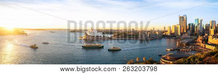 Cityscape Of Sysney Harbour With Morning Sunrise Moment And Boat In The Sea, New South Wales, Austra