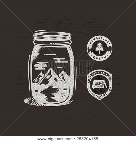 Vintage Hand Drawn Camping Badges And Patches. Mountains And River In Jar In Retro Textured Style. A