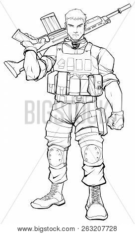 Line Art Illustration Of Soldier On Patrol, Holding Machine Gun.