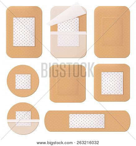 Medical Plaster. Helthcare Bandage Tape Path Plastering Various Shapes And Forms Vector Picture Isol