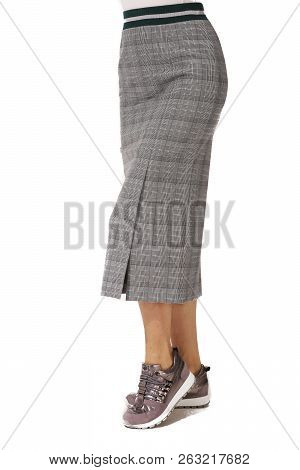 Denim Blue Long Skirt With Belt Cut Close Up Photo On Model In Hith Heels Isolated On White Back Vie