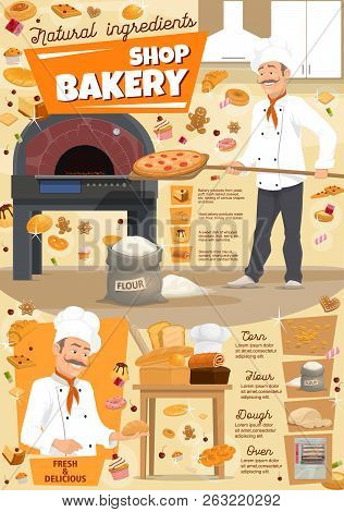Baker Putting Pizza In Stove, Bakery And Pastry Shop. Vector Wheat Flour Sack And Bread Loafs, Roll 