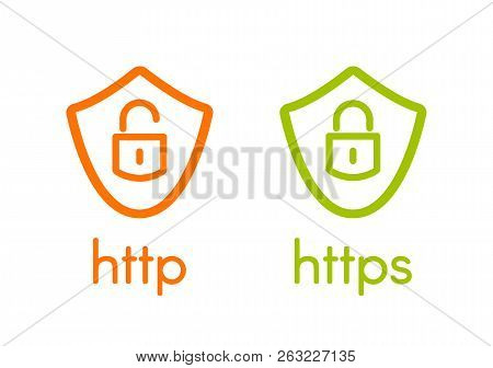 Http And Https On Shields Linear Vector Illustration On White Background. Web Browser Protocols Isol