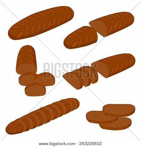 Vector Illustration Of Set Of Baked Bread, Dark Rye Brick, Soft Baguette For Bakery. Bread Consistin