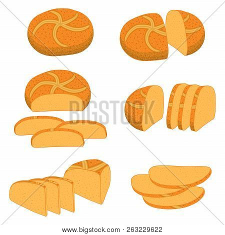 Vector Illustration Of Set Of Baked Bread, Dark Rye Brick, Soft Baguette For Bakery. Bread Consistin