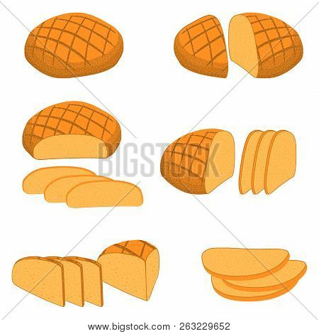 Vector Illustration Of Set Of Baked Bread, Dark Rye Brick, Soft Baguette For Bakery. Bread Consistin