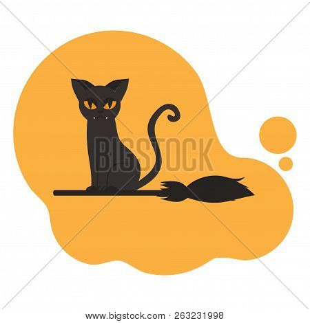 Flat Halloween Greeting Card With Creepy Cat On The Broom For Banner. Scary Kitty Party Poster. Spoo