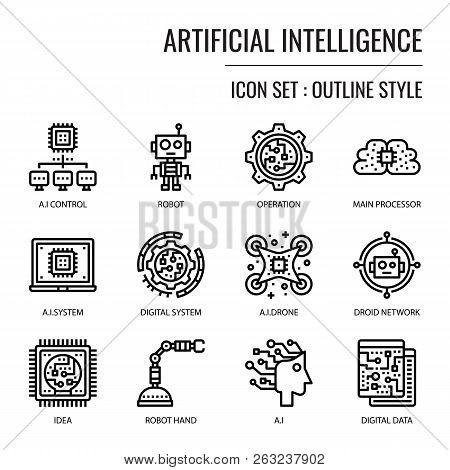 Artificial Intelligence, Pixel Perfect Outline Icon, Isolated On White Background