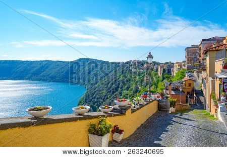 Castelgandolfo, Italy - April 21, 2017: Panoramic View Of The Village Overlooking The Volcanic Alban