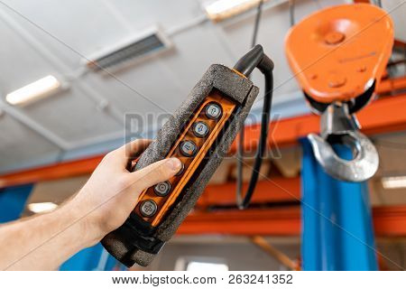 Close Up Remote Control Switch For Overhead Crane In Manufacture Workshop