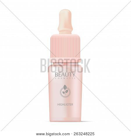 Cosmetics Highligter Bottle With Dropper In Pink Color. Realistic Mockup Vector Illustration. Can Be
