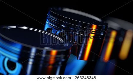 3d Illustration Of Engine. Motor Parts As Crankshaft, Pistons In Motion.