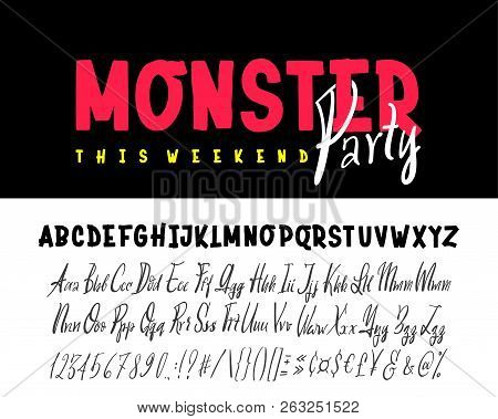Its A Party Monster Banner. Hand Drawn Typeface Set Isolated On White. Vector Logo Font. Typography 