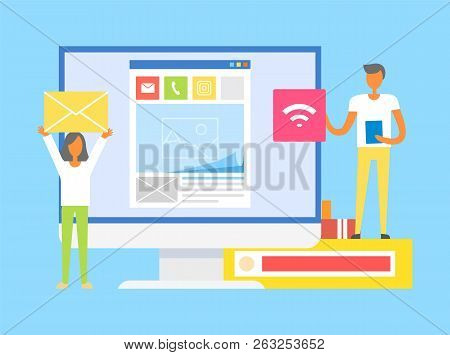 Computer Screen With Image Post, Man Standing On Book, Holding Wifi Signal Icon And Tablet, Woman Ra