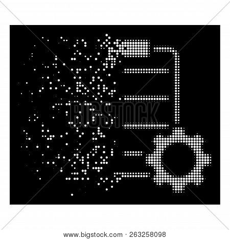 Smart Contract Gear Icon With Disappearing Effect On Black Background. White Elements Are Composed I