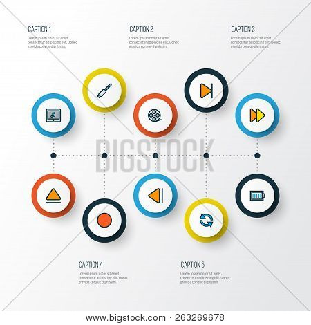 Music Icons Colored Line Set With Eject, End, Fast Forward And Other Finish Elements. Isolated  Illu