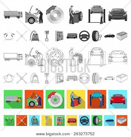 Car, Lift, Pump And Other Equipment Flat Icons In Set Collection For Design. Car Maintenance Station