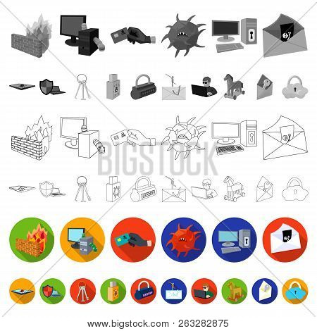 Hacker And Hacking Flat Icons In Set Collection For Design. Hacker And Equipment Vector Symbol Stock