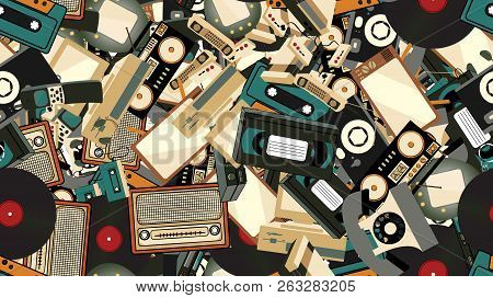 Texture, Seamless Pattern Of Old Retro Hipster Electronics, Mobile Phones, Tv Recorder, Player, Audi