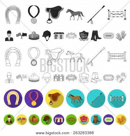 Hippodrome And Horse Flat Icons In Set Collection For Design. Horse Racing And Equipment Vector Symb