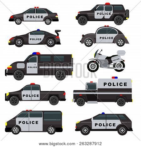 Police Car Vector Emergency Policy Vehicle Truck And Suv Automobile Patrol And Policemans Motorcycle
