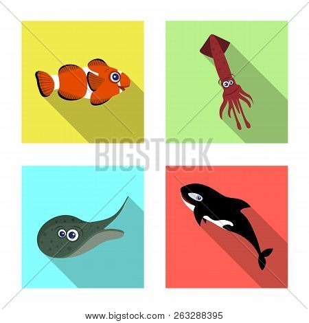 Vector Illustration Of Sea And Animal Logo. Collection Of Sea And Marine Vector Icon For Stock.