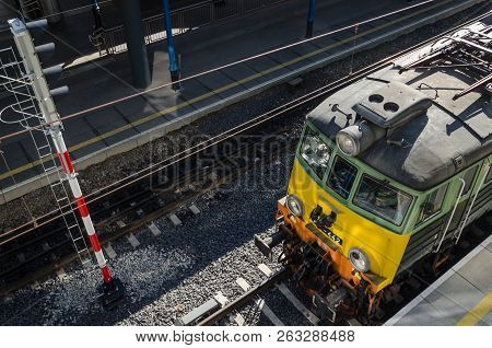 Szczecin, West Pomeranian / Poland - 2018: A Standing Locomotive At The Platform At The Railway Stat