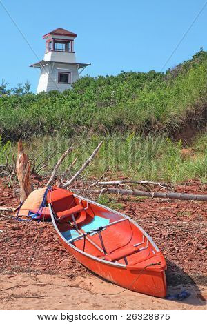 카누 및 Malpaque에서 캐벗 비치 등 대 앞 해변에 누워 몇 가지 유 목