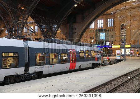 Leipzig, Germany - May 9, 2018: Abellio Train At The Railway Station (hauptbahnhof) Of Leipzig, Germ