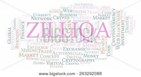 Zilliqa Cryptocurrency Coin Word Cloud. Word Cloud Made With Text Only.