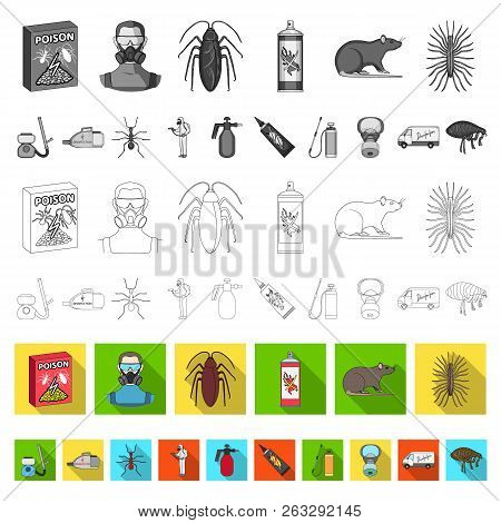Pest, Poison, Personnel And Equipment Flat Icons In Set Collection For Design. Pest Control Service 