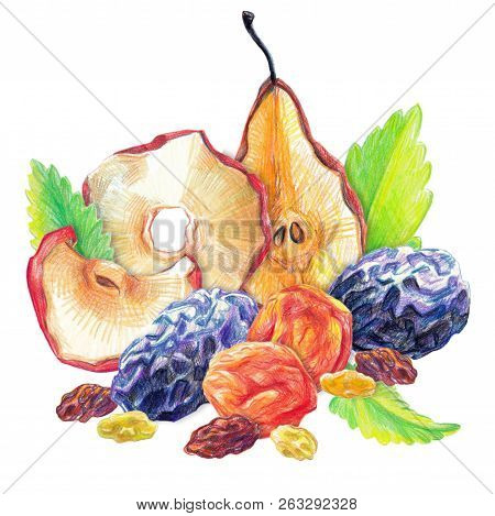 Assorted Dry Fruit Set With Mint Leaves Drawn With Color Pencil In Realistic Style. Isolated On Whit